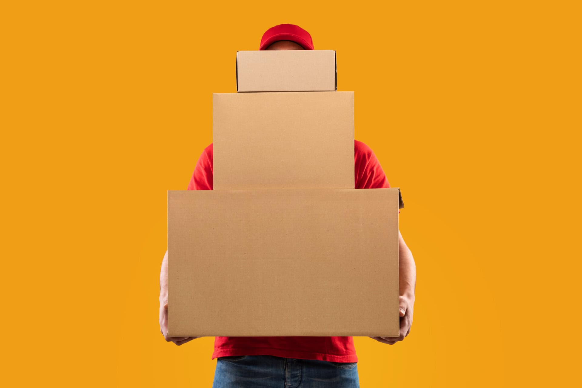 Unrecognizable Courier Holding Many Cardboard Boxes Delivering Packages, Yellow Background